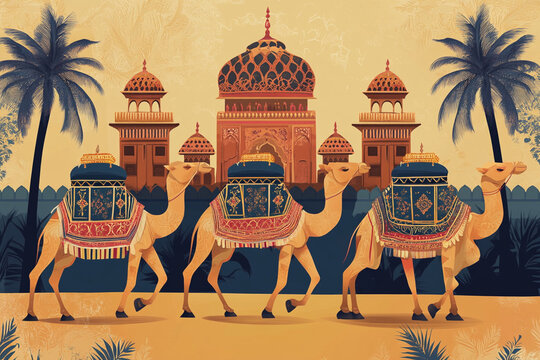 Traditional Mughal, camel caravan, vector style.