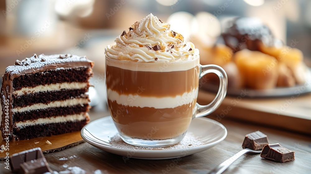 Poster cup of a fresh caramel latte with whipped cream on the table and chocolate cake : generative ai