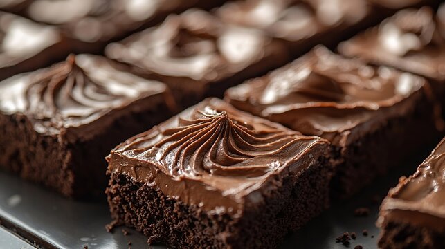 Cut square peaces of dark chocolate moist buttermilk sheet cake with chocolate butter cream homemade dessert : Generative AI