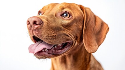 Closeup of Hungarian Vizsla dog with tongue out looking away against white studio background Playful friendly expression Concept of pet lovers animal life grooming and veterinary Copy  : Generative AI
