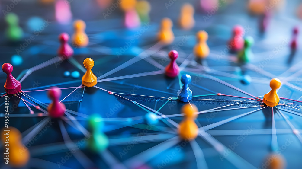 Poster colorful game pieces connected by string on a dark blue background.
