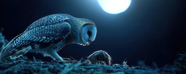 Owl and its prey in a moment of stillness before the hunt, intense focus, moonlight illuminating the scene, dark and suspenseful wildlife photography