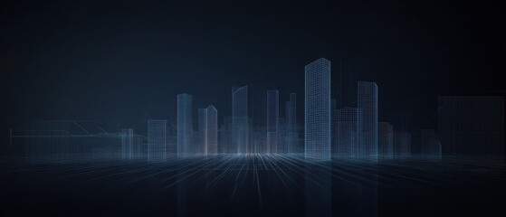 A city skyline is shown in a black and white photo. The city is lit up at night, giving it a futuristic and modern feel.