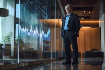 Fototapeta premium Businessman Confidently Standing in Modern Office Hallway
