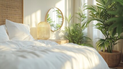Modern minimal home interior design Tropical palm tree bed with white bed linen mirror side lamp Cozy bedroom : Generative AI