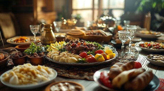 Eid holiday table Ramadan family dinner Breaking Fast iftar Arabic Middle Eastern traditional cuisine : Generative AI