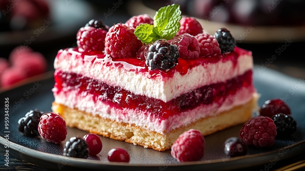Poster Berry sour cream cake cut into squares portion : Generative AI