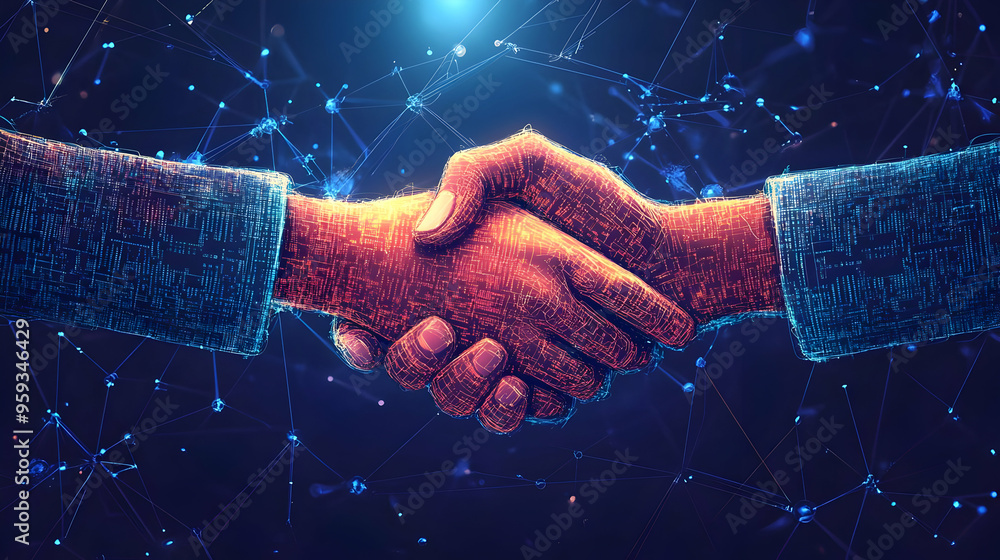 Poster digital handshake concept with glowing network lines.