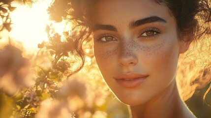 Fototapeta premium Flower portrait Beautiful latin woman with natural beauty and shine hair posing in nature Toned in warm colours Horizontal shot : Generative AI