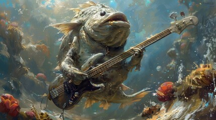 Rock Bottom Blues: A bass-playing fish jams out in a surreal underwater concert, surrounded by bubbles and colorful coral. This whimsical image is perfect for music, fantasy, and humorous themes. 