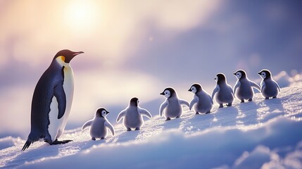 Obraz premium A group of penguins and baby penguins led by a penguin leader, walking on the ice pole