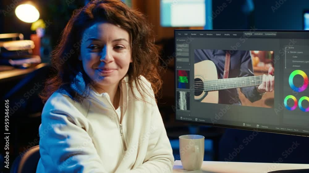 Poster video editor selecting key frames to use while doing video montage, working from home on computer. c