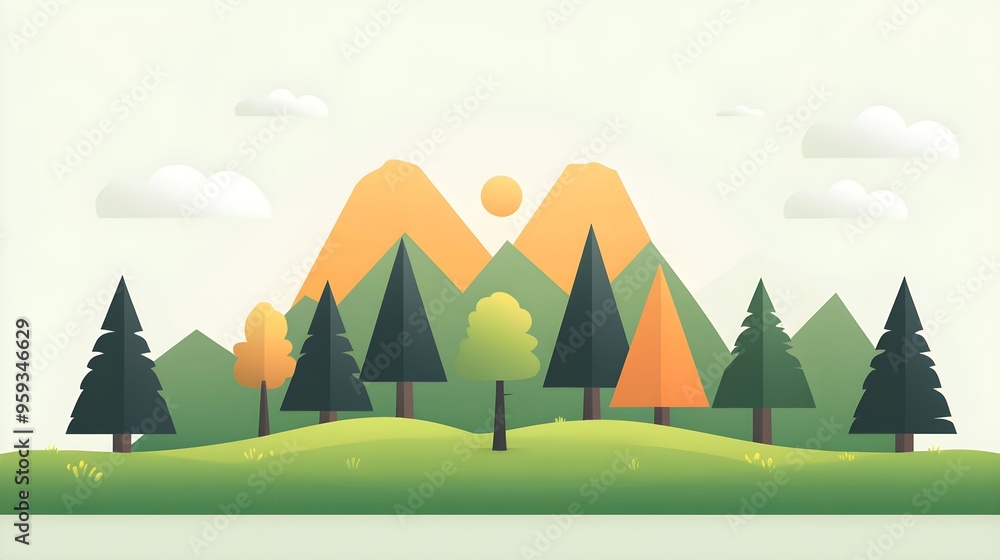 Wall mural a flat design of a forest with trees arranged symmetrically