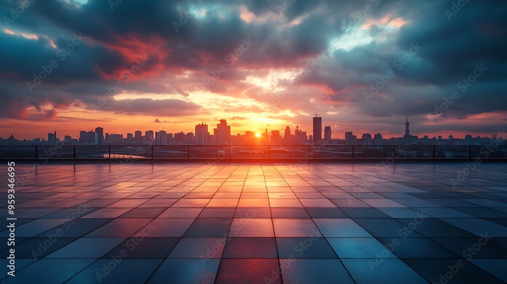 Poster Empty square floor and bridge with city skyline at sunset : Generative AI