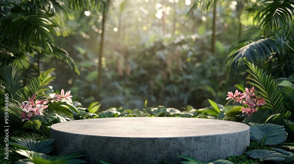 Poster natural stone and concrete podium in tropical forest with flowers empty showcase for packaging produ