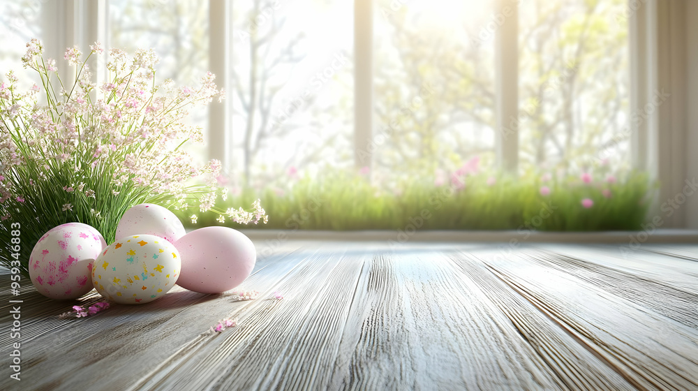 Poster Easter eggs on a wooden surface with a window and flowers in the background.