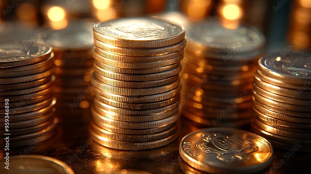 Poster stack of silver coins presentation at table going up as symbol of prosperity and rising income close