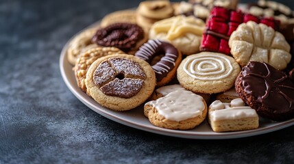 The image is a plate of cookies featuring a variety of baked goods The cookies appear to be sweet...