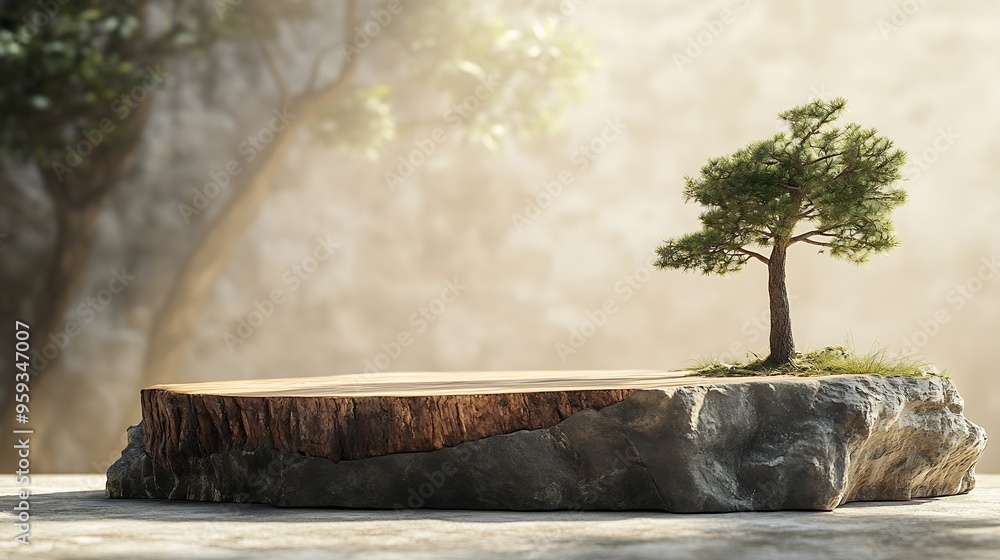 Poster Wooden eco rustic pine tree wood stone platform podium on light beige background Minimal empty display product presentation scene : Generative AI