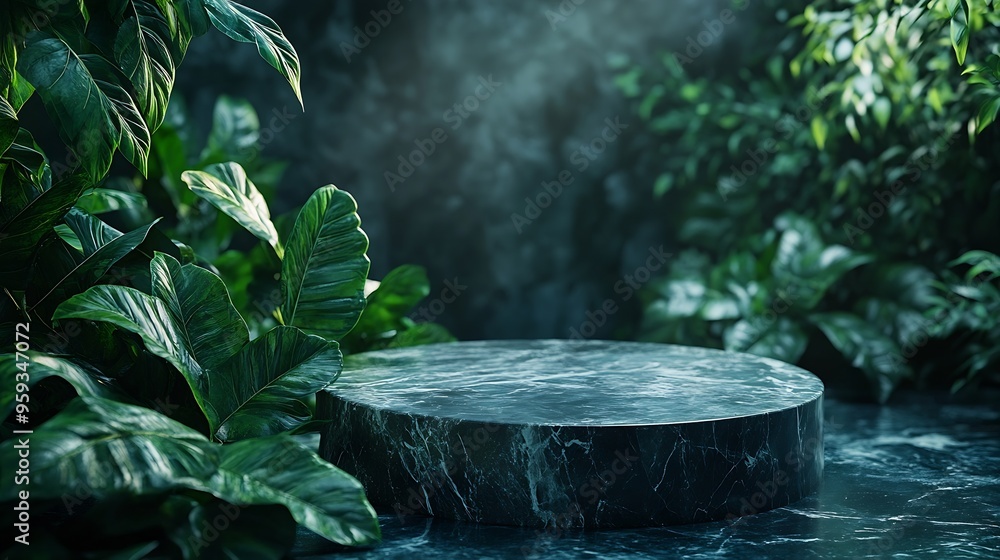 Aufkleber luxurious empty product marble stone podium and forest green leaves on dark background concept scene