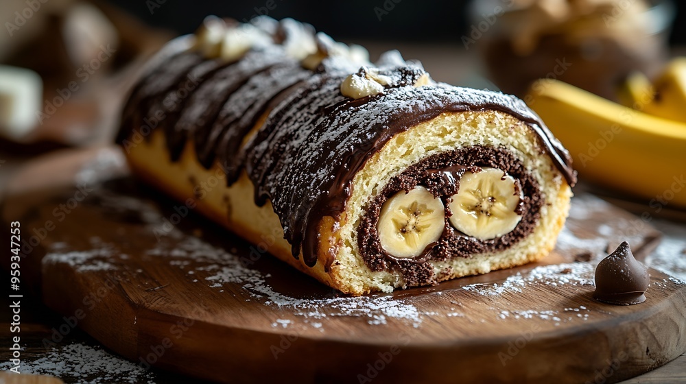 Aufkleber banana chocolate swiss roll cake sponge roll with chocolate filling and banana : generative ai