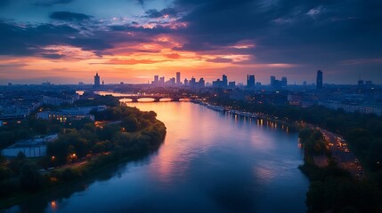 Fototapeta premium Evening aerial panorama of Warsaw city center Vistula river and Swietokrzyski bridge : Generative AI