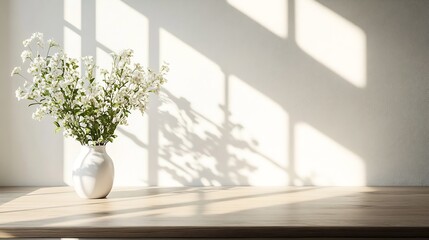 Table background of free space and kitchen interiorWhite wall with shadows and sunny warm morning timeCopy space for your composition Easter table with spring flowers in a sunny April  : Generative AI