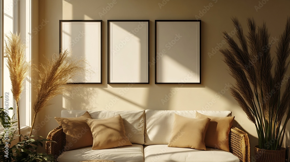 Aufkleber artistic mockup template black vertical picture frames on beige wall background in sunlight poster d