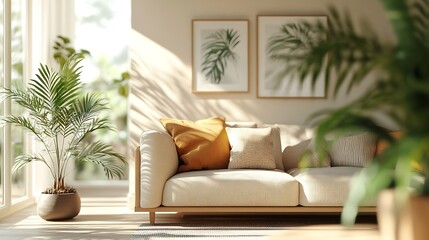 Interior of beautiful living room with comfortable sofa armchair pillows and houseplant : Generative AI