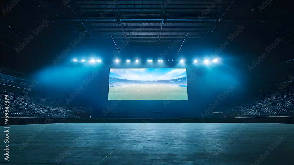 Poster empty arena with a large screen showing a football field.