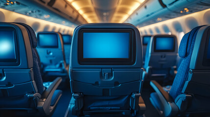 Empty airplane seats with personal TV screens, in a row, showing the back of the seats in the airplane cabin.