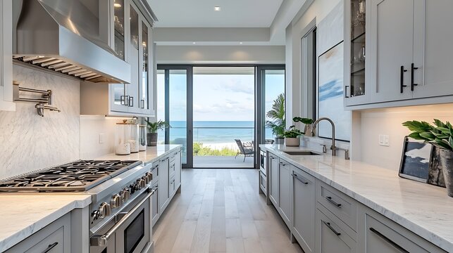 Kitchen interior of a waterfront condo light grey cabinets white granite countertop stove and range hood sink hardwood floor view to ocean through floor to ceiling windows butler pantr : Generative AI