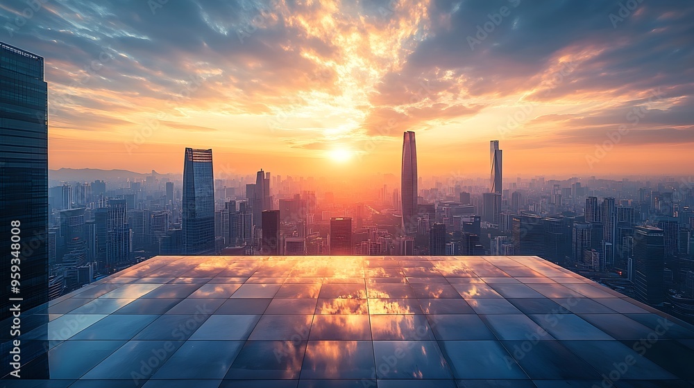 Aufkleber empty square floor and city skyline with sky clouds at sunset : generative ai