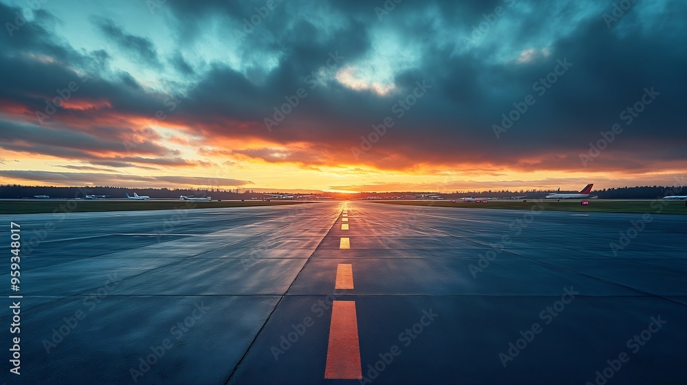 Poster empty airport tarmac runway at dawn capturing the tranquil moment before the hustle and bustle of ai