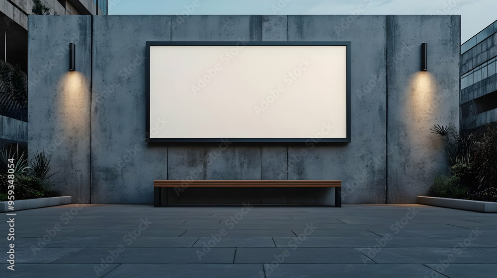 Poster empty billboard with a bench and lights in front of a concrete wall.