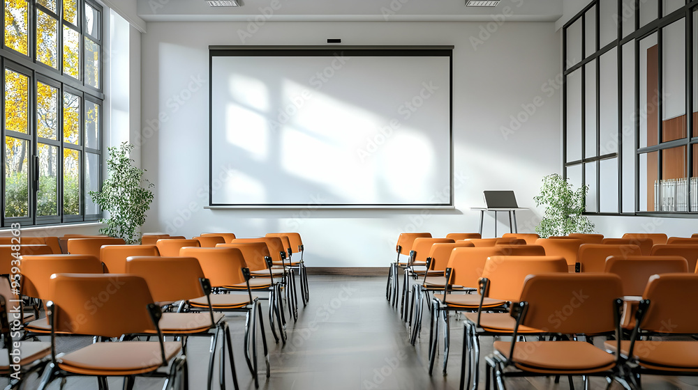 Aufkleber empty conference room with an empty projector screen and rows of orange chairs, ready for a presenta