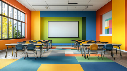 Empty classroom with colorful walls and a projector screen.