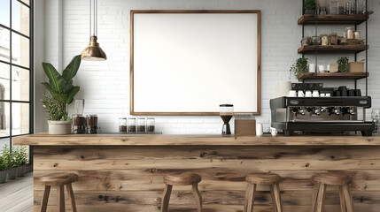 Empty coffee shop interior with wood counter, bar stools, large framed blank canvas, and a coffee machine.