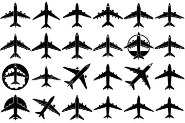 A set of a black airplane silhouette