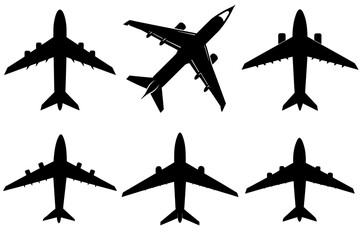 A set of a black airplane silhouette