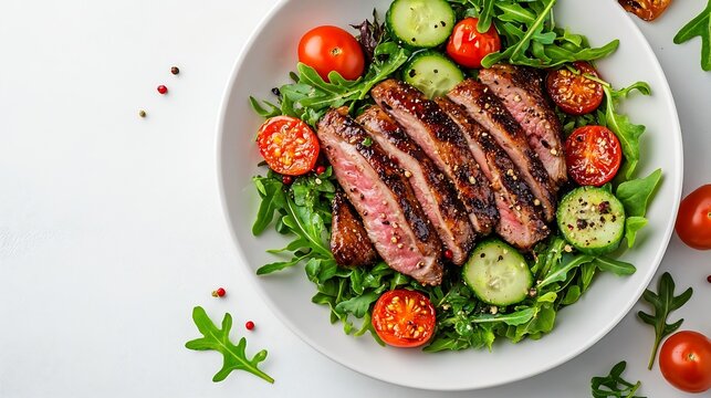Salad with grilled duck breast and cherry tomatoes cucumber paprika lettuce and arugula on white table background top view banner : Generative AI