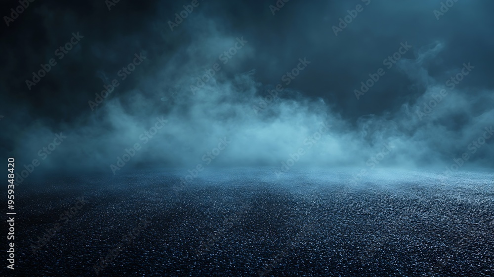 Poster Dark street asphalt abstract dark blue background empty dark mountain range scene with smoke mist cold white float up for display products : Generative AI