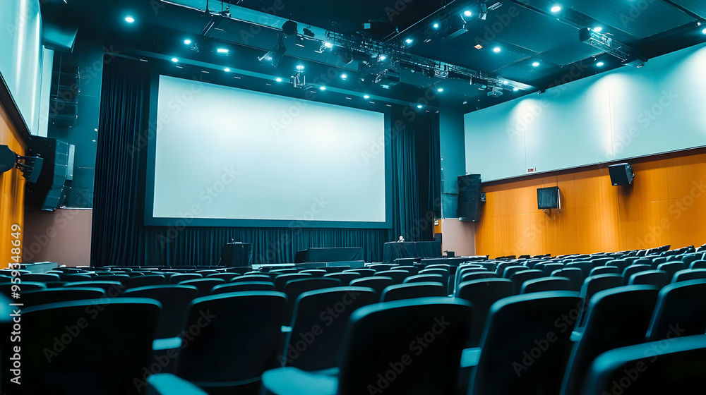 Poster empty movie theater with a large screen and rows of seats.