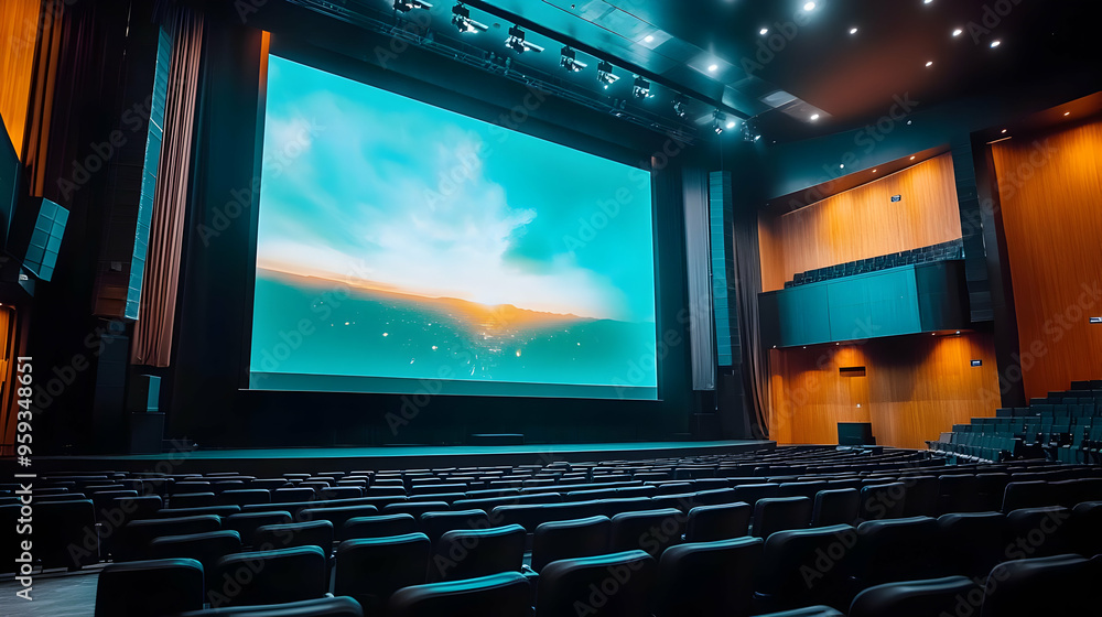 Poster empty movie theater with a large screen displaying a sunset over a city.