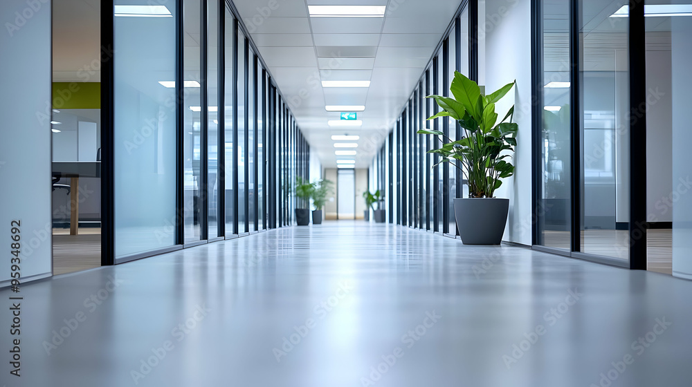 Canvas Prints Empty office hallway with glass walls and potted plants.