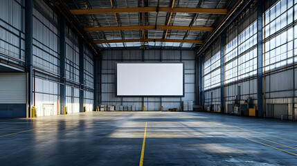 Empty industrial warehouse with large blank screen for advertising or presentation.