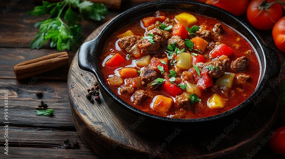 Poster goulash beef stew or bogrash soup with meat vegetables and spices in cast iron pan on wooden table h