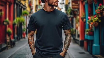 Obraz premium Young Man in Black T-Shirt Posing on Urban Street