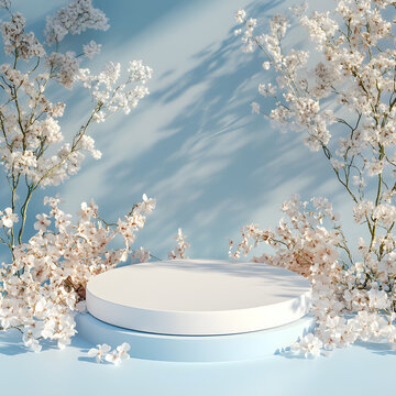 white Round podium for product photography with white flowers, accessory or jewel, minimalist style pastel blue background