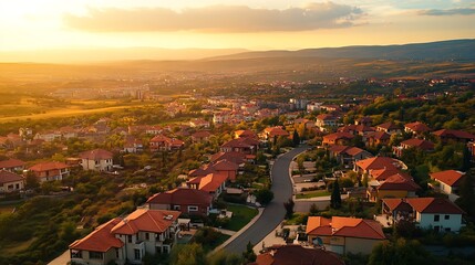 View from a high altitude of the private sector on the outskirts of the city luxury real estate : Generative AI